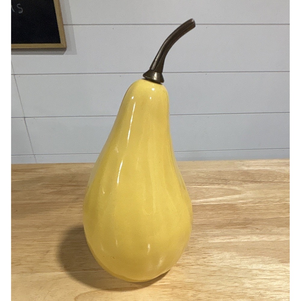 Currey and Co. Ceramic Pear  Figurine Yellow/Brown Metal Stem 10" in H